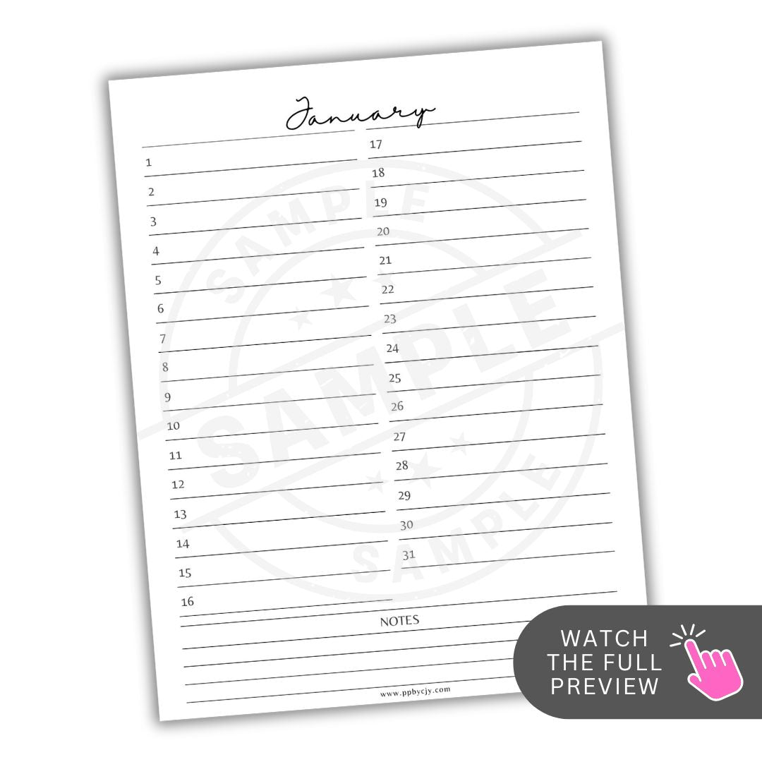 January calendar page with lined days and a 'Notes' section on a white background.