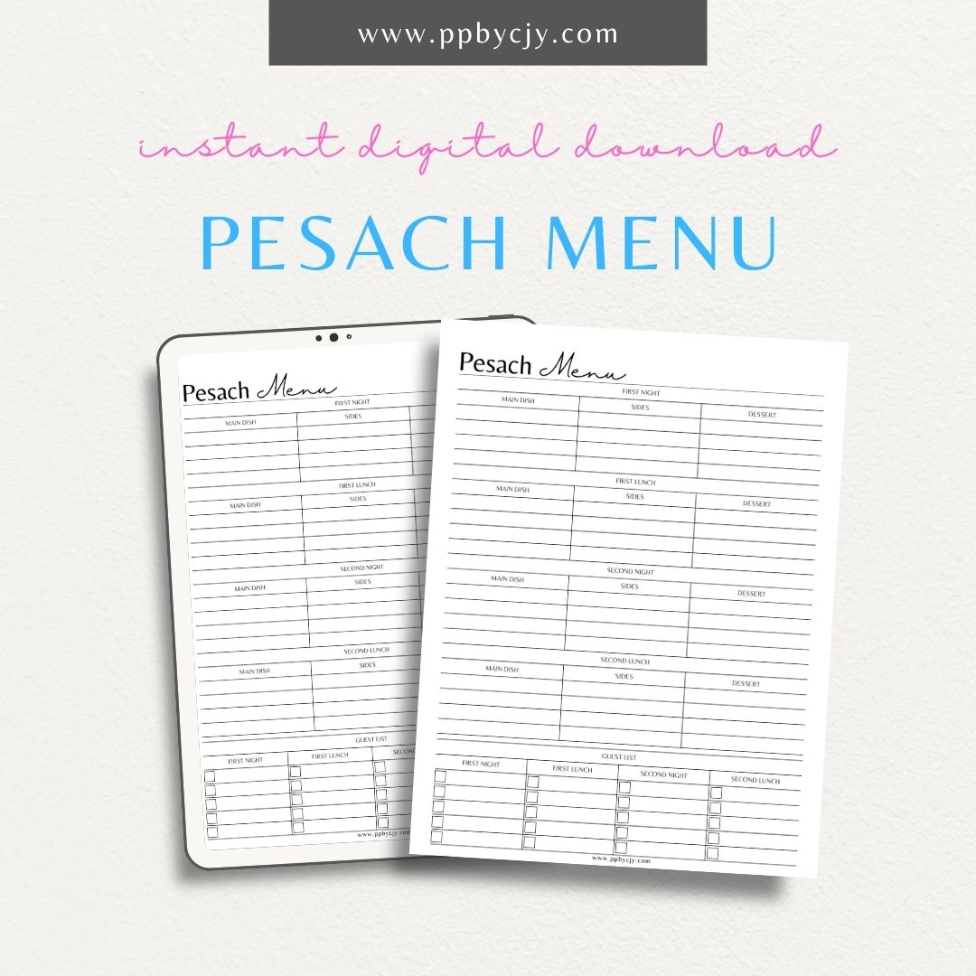 Pesach Menu Planner Printable PDF Template for organizing Seder and Passover meals with sections for dishes and ingredients
