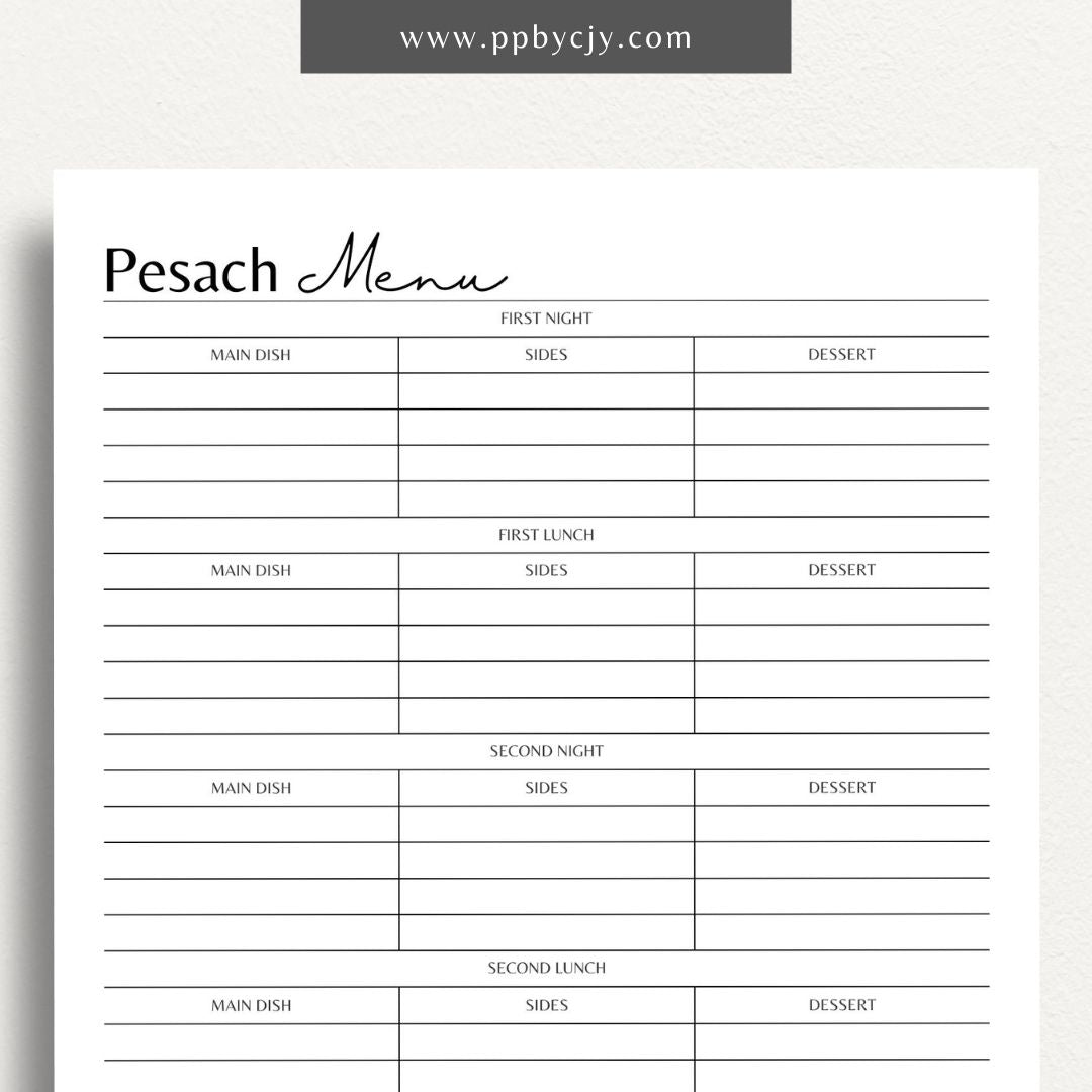 Pesach Menu Planner Printable PDF Template for organizing Seder and Passover meals with sections for dishes and ingredients

