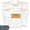 Pet binder with various pages including expense tracker, meal planner, and profile page on a white background.