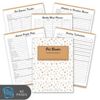 Pet binder with various pages including expense tracker, meal planner, and profile page on a white background.