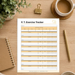 A printable 'Physical Therapy Exercise Tracker' sheet displayed on a wooden desk flat-lay with a coffee cup, binder clip, notebook, pen, and plant.