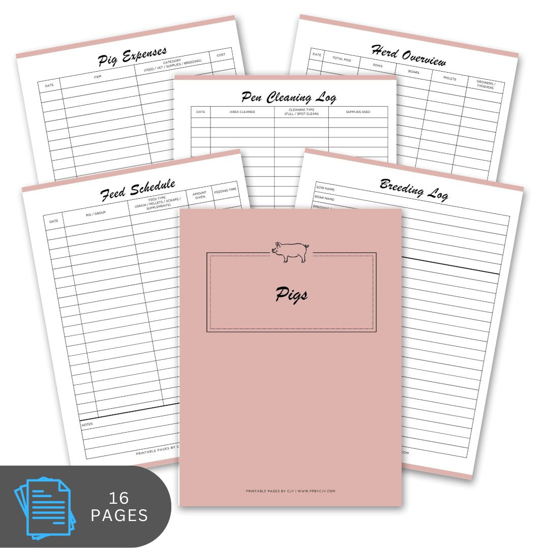 Set of pig farming logs with a pink cover on a white background