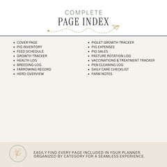 A digital preview of a 'Complete Page Index' for a pig farming or herd management planner, showing a list of various tracking pages organized by category on a light beige background.