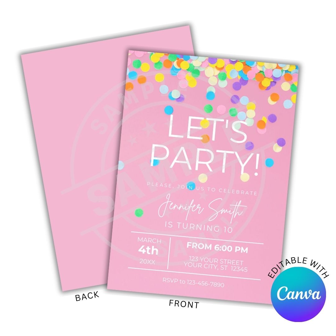 Pink birthday party invitation with colorful confetti and 'Let's Party!' text, featuring Canva logo.
