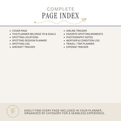 A beige and white digital preview of a complete page index for a spotter's planner, listing included pages such as cover page, airline tracker, favorite spotting moments, photography notes, weather and condition log, travel / trip planner, and expense tracker.