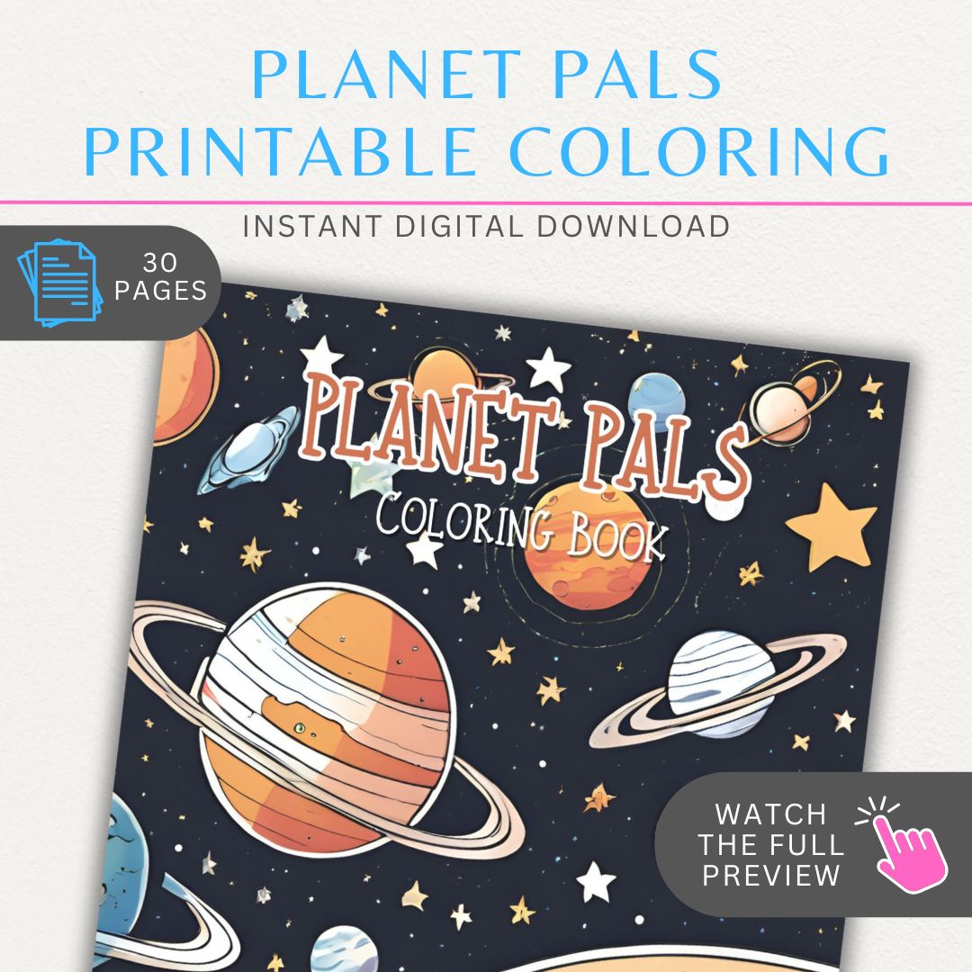 Planet Pals 30 Printable Coloring Pages featuring space-themed designs like planets, stars, astronauts, and more, perfect for kids and space enthusiasts.
