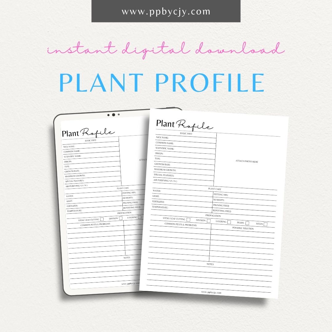 Plant Profile Sheet Printable PDF Template for tracking plant care, health, and growth

