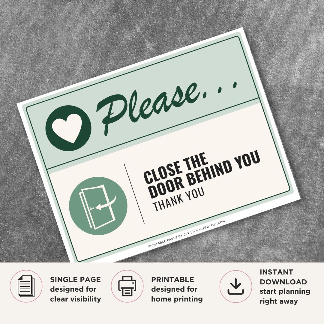 Printable Please Close the Door Behind You sign featuring a friendly green design, door closing icon, and courteous reminder message for offices, retail stores, restaurants, and commercial businesses.