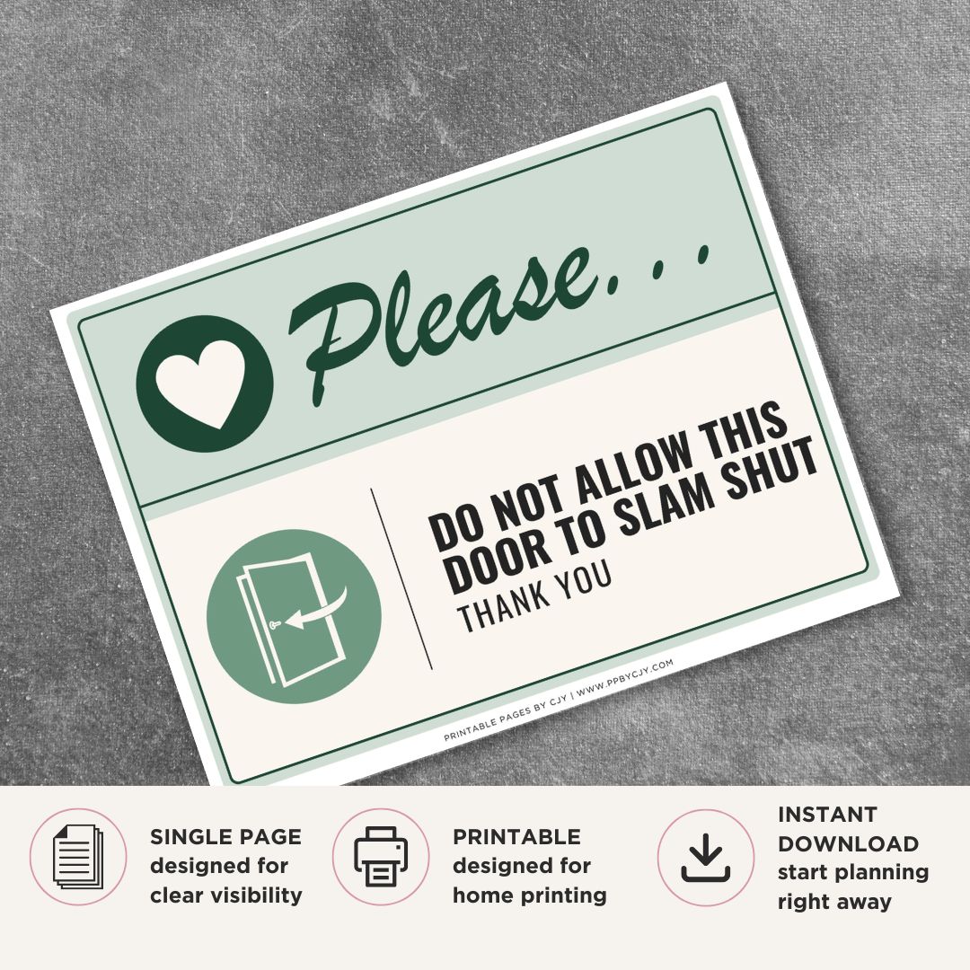 Printable Please Do Not Allow This Door to Slam Shut sign featuring a friendly green design, door icon, and courteous reminder message for offices, schools, retail stores, restaurants, and commercial businesses.