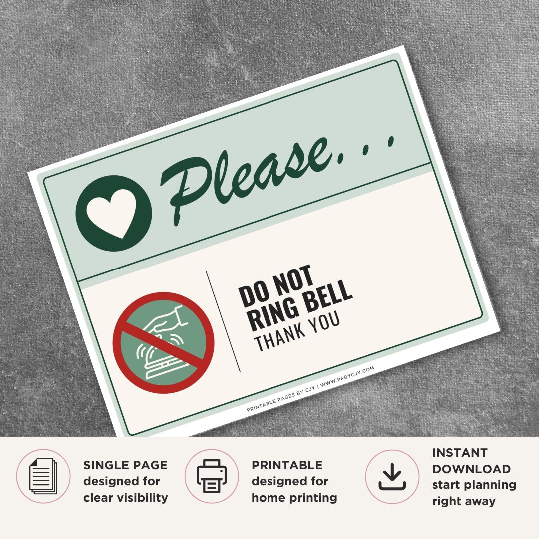 Printable Please Do Not Ring Bell sign featuring a friendly green design, no bell icon, and courteous reminder message for homes, offices, businesses, and delivery entrances.