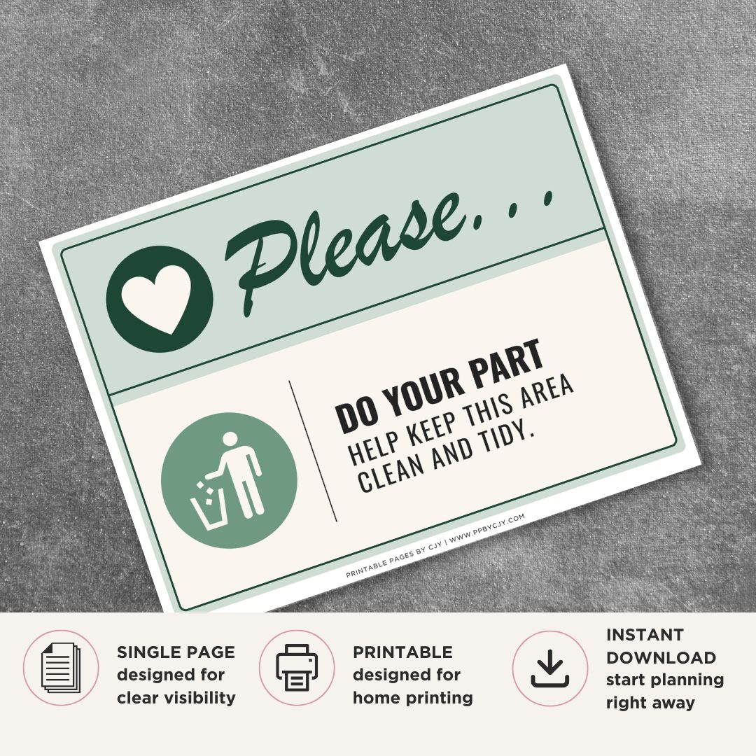 Printable Please Do Your Part Help Keep This Area Clean and Tidy sign featuring a friendly green design, waste disposal icon, and courteous cleanliness reminder for offices, schools, restaurants, and commercial businesses.