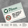 Printable Please Don't Forget to Turn Off Your Cell Phone sign featuring a friendly green design, no cell phone icon, and courteous reminder message for medical offices, libraries, classrooms, theaters, and businesses.