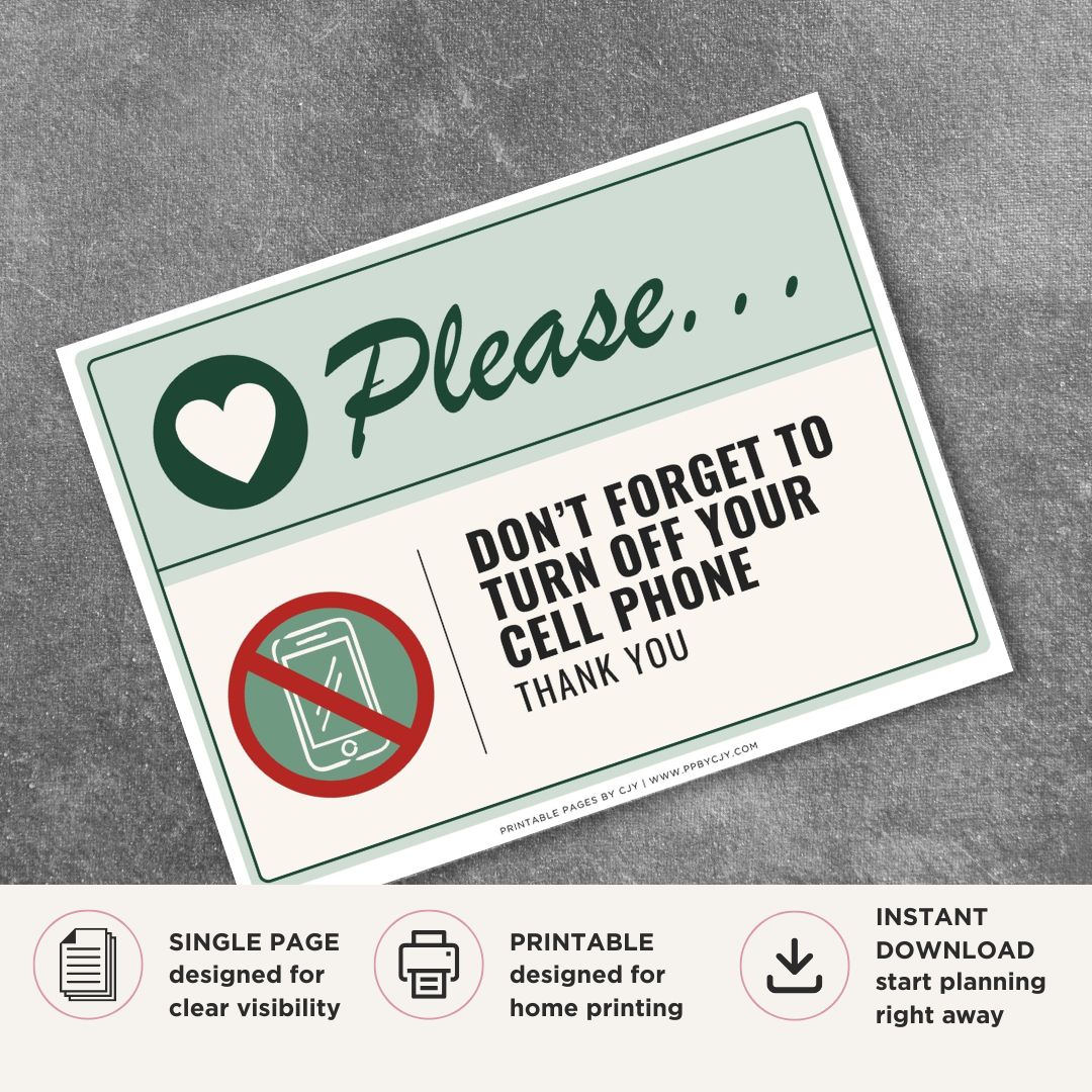 Printable Please Don't Forget to Turn Off Your Cell Phone sign featuring a friendly green design, no cell phone icon, and courteous reminder message for medical offices, libraries, classrooms, theaters, and businesses.