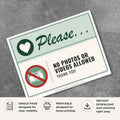 Printable No Photos or Videos Allowed sign featuring a friendly green design, no camera icon, and courteous reminder message for museums, retail stores, medical offices, event venues, and businesses.