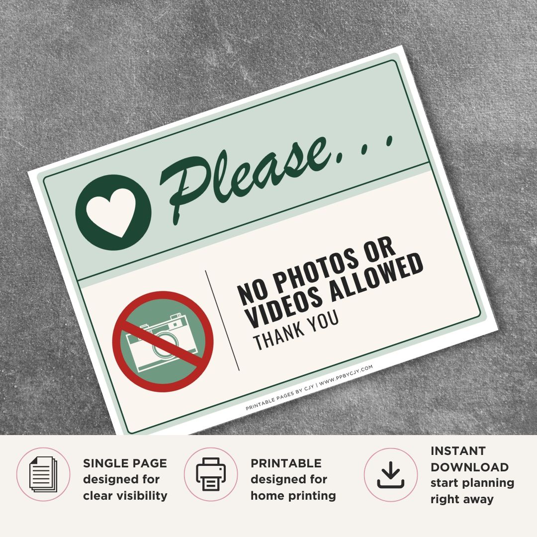 Printable No Photos or Videos Allowed sign featuring a friendly green design, no camera icon, and courteous reminder message for museums, retail stores, medical offices, event venues, and businesses.