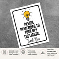 Printable Please Remember to Turn Off the Lights sign featuring a friendly green design and courteous energy-saving reminder for offices, classrooms, schools, warehouses, and commercial businesses.