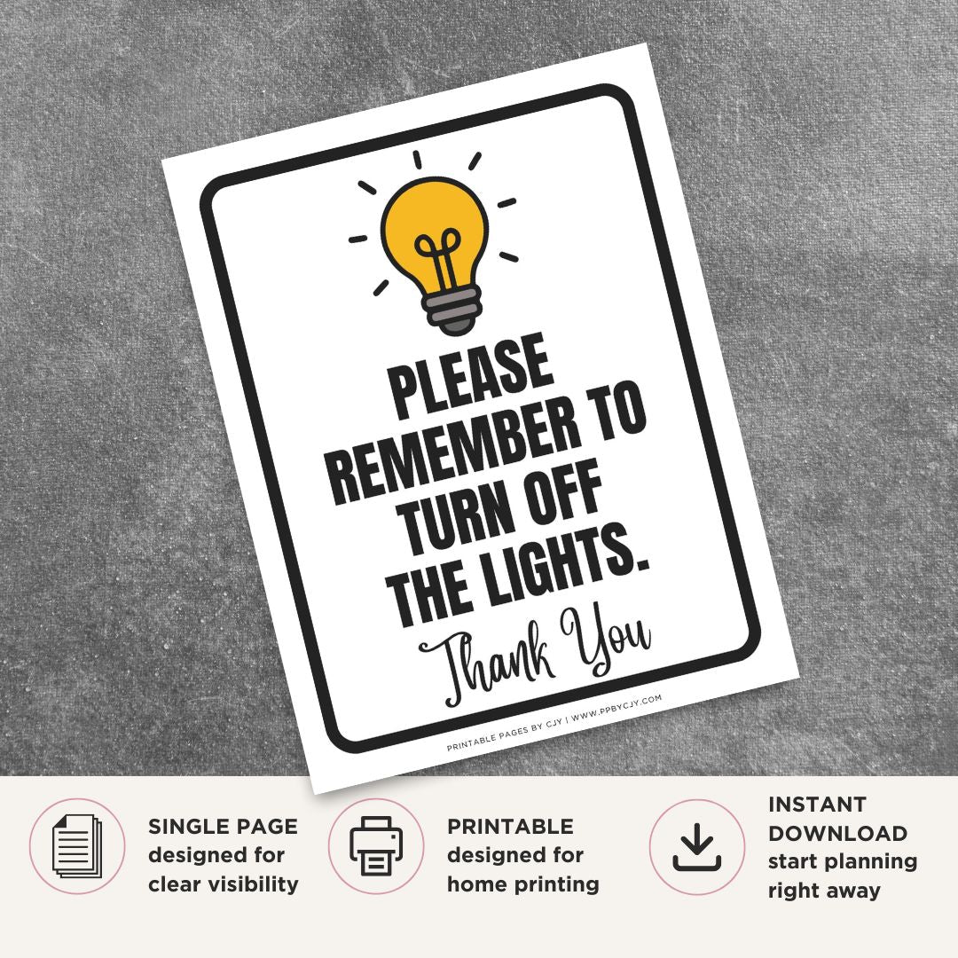 Printable Please Remember to Turn Off the Lights sign featuring a friendly green design and courteous energy-saving reminder for offices, classrooms, schools, warehouses, and commercial businesses.