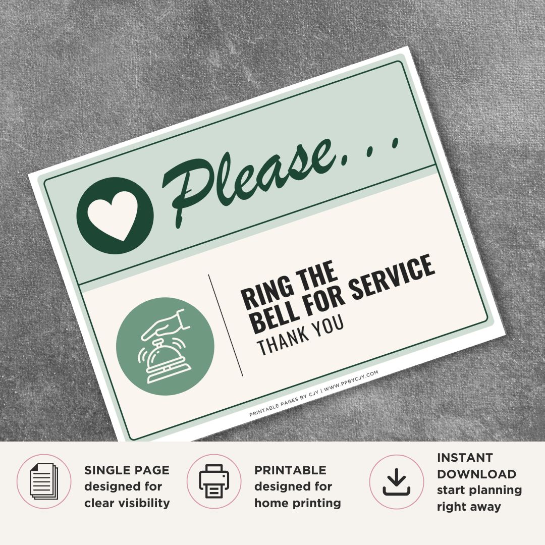 Printable Please Ring the Bell for Service sign featuring a friendly green design, service bell icon, and courteous customer assistance message for retail stores, offices, reception areas, and commercial businesses.