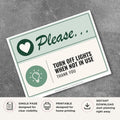 Printable Turn Off Lights When Not in Use sign featuring a friendly green design, light bulb icon, and courteous energy-saving reminder for offices, classrooms, schools, warehouses, and commercial businesses.