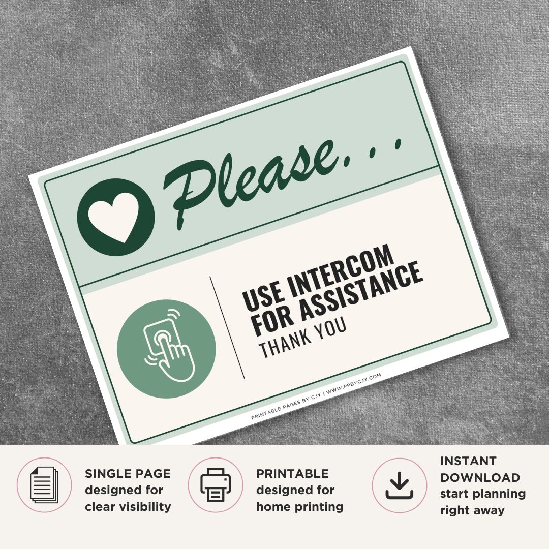 Printable Please Use Intercom for Assistance sign featuring a friendly green design, intercom button icon, and courteous customer assistance message for offices, apartment buildings, secure facilities, and commercial businesses.