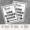 Printable Please Use Other Door sign featuring a friendly green design and courteous directional message for retail stores, offices, restaurants, schools, hotels, and commercial businesses.