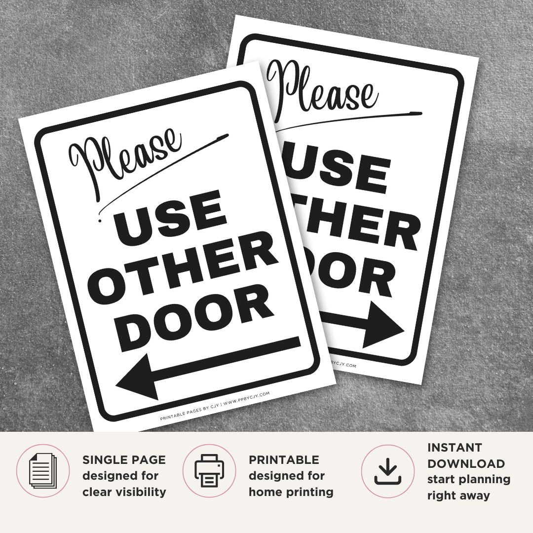Printable Please Use Other Door sign featuring a friendly green design and courteous directional message for retail stores, offices, restaurants, schools, hotels, and commercial businesses.