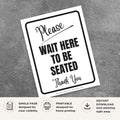 Printable Please Wait Here to Be Seated sign featuring a friendly green design and courteous waiting area message for restaurants, cafés, diners, banquet halls, and hospitality businesses.