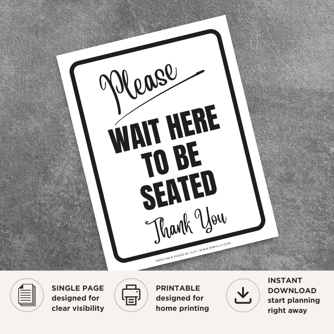 Printable Please Wait Here to Be Seated sign featuring a friendly green design and courteous waiting area message for restaurants, cafés, diners, banquet halls, and hospitality businesses.