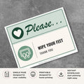 Printable Please Wipe Your Feet sign featuring a friendly green design, doormat icon, and courteous cleanliness reminder for offices, retail stores, schools, restaurants, and commercial businesses.
