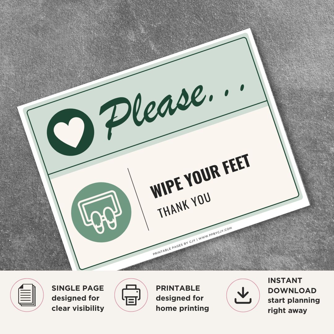 Printable Please Wipe Your Feet sign featuring a friendly green design, doormat icon, and courteous cleanliness reminder for offices, retail stores, schools, restaurants, and commercial businesses.