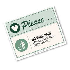 A square printed sign with rounded corners on a white background. The sign has a pale green header with the word 'Please.