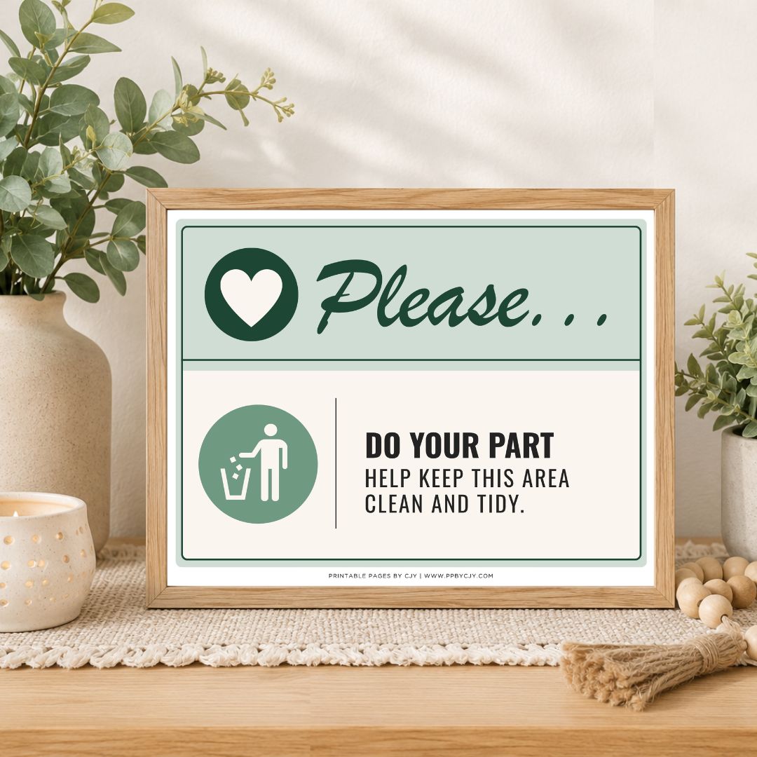 A framed printed sign on a wooden surface in a styled interior setting. The sign reads 'Please.