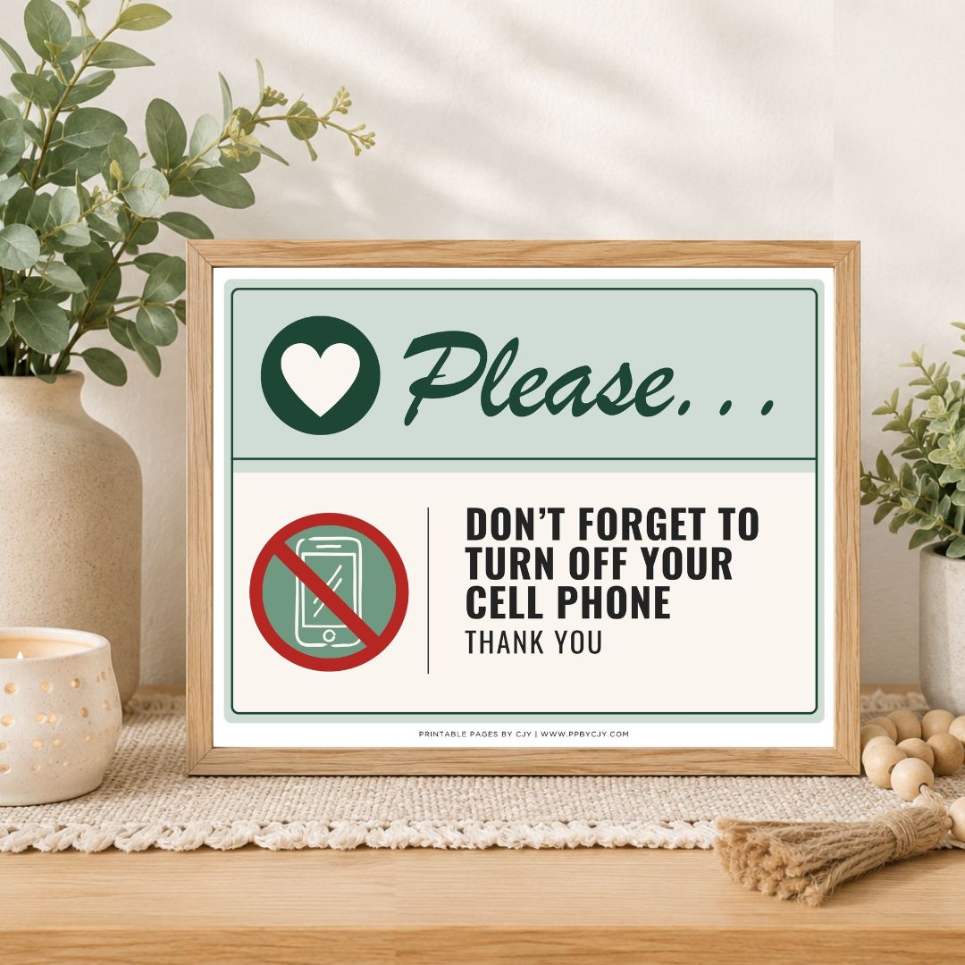 A framed printed sign on a tabletop in a styled interior setting. The sign reads 'Please.