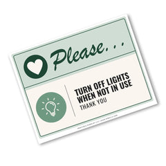 A rectangular printed sign with rounded corners shown at an angle on a white background. The sign has a pale green header with the word 'Please.