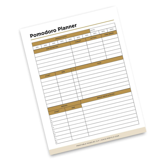 A Pomodoro planner notepad page shown at an angle on a white background. The page has a white base with tan/golden-brown header blocks and black text, including sections for time tracking and notes.