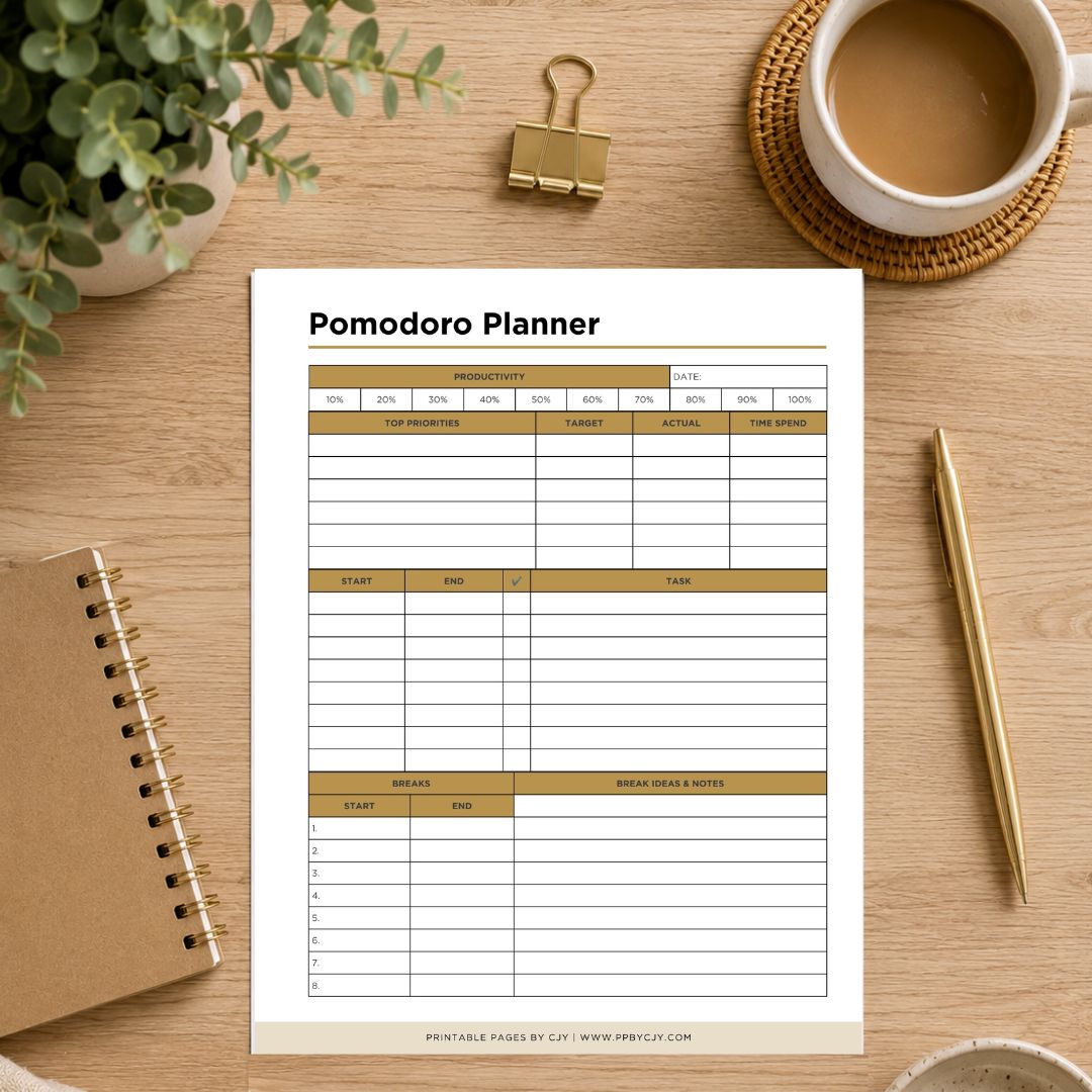 A Pomodoro planner printable sheet displayed on a wooden desk with a coffee cup, binder clip, plant, notebook, and pen around it. The planner has a white background with black text and gold-tan grid sections.