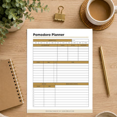 A Pomodoro planner printable sheet displayed on a wooden desk with a coffee cup, binder clip, plant, notebook, and pen around it. The planner has a white background with black text and gold-tan grid sections.