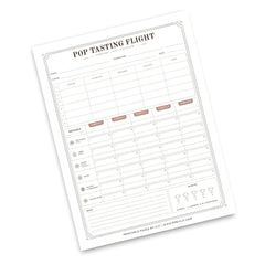 A printed 'Pop Tasting Flight' travel log sheet with structured tables for flights, meals, and drinks, plus small rating icons, shown on a clean white background.