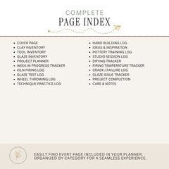 A page index cover for a pottery or clayworking journal, showing a comprehensive list of included pages organized in two columns on a warm off-white background. The title 'COMPLETE PAGE INDEX' is displayed at the top, and a banner at the bottom reads 'EASILY FIND EVERY PAGE INCLUDED IN YOUR PLANNER, ORGANIZED BY CATEGORY FOR A SEAMLESS EXPERIENCE.