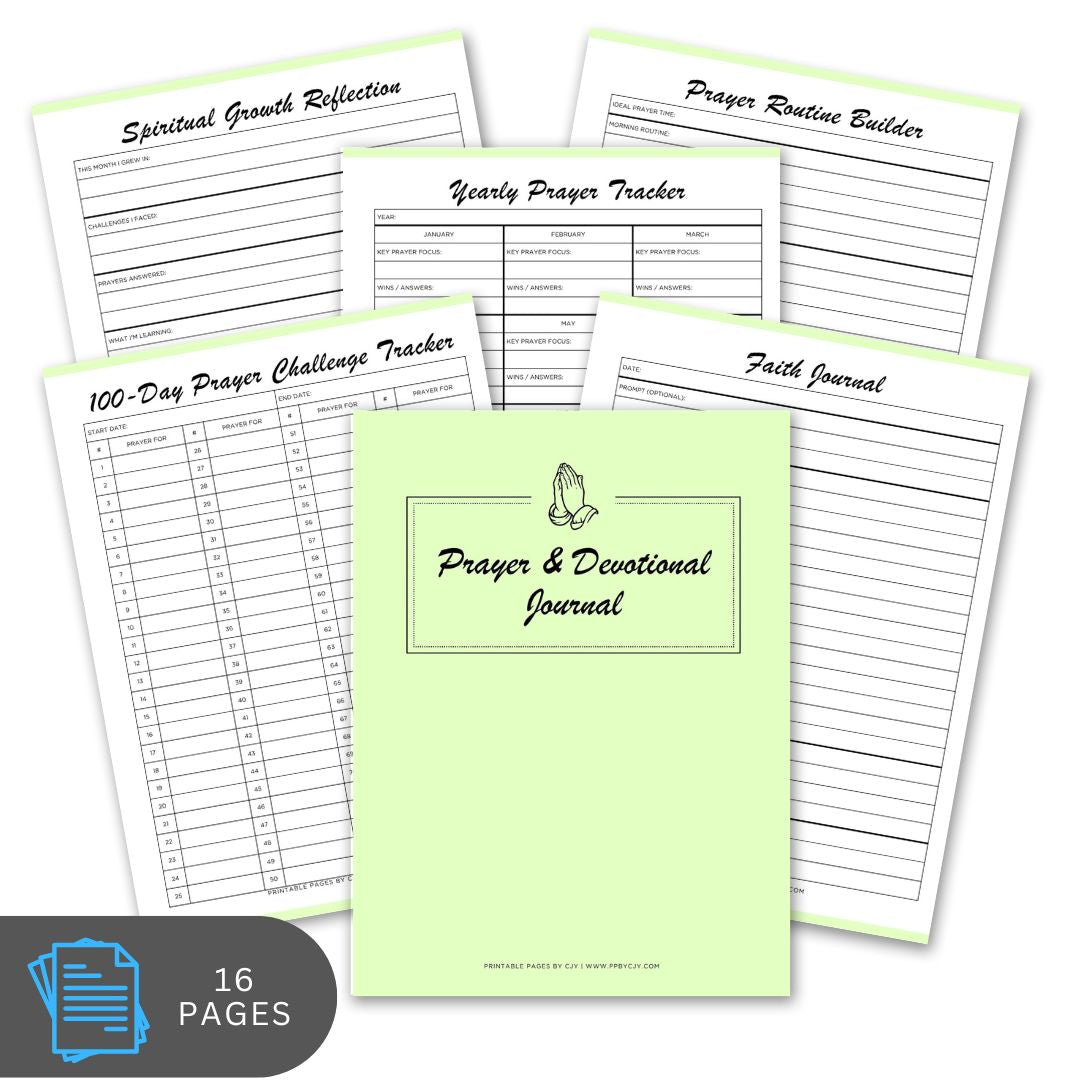 Set of prayer and devotional journal pages with a green cover on a white background.