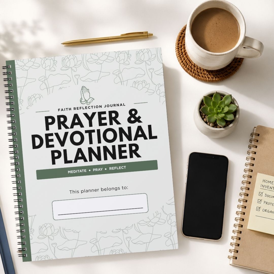 A spiral-bound Prayer & Devotional Planner journal is shown in a styled flat-lay arrangement on a white surface, alongside a cup of coffee, a pen, a small succulent, a smartphone, and another notebook.