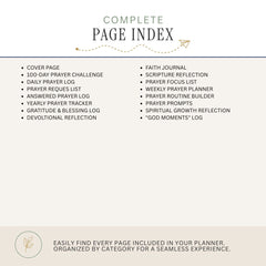 A page index cover for a planner, showing the title 'COMPLETE PAGE INDEX' at the top and a bulleted list of included pages such as cover page, prayer logs, reflection pages, and journaling pages. The design is clean and minimal with a light beige background and dark gray text.