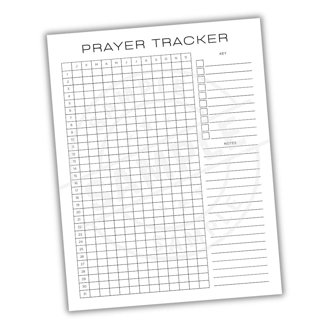 Prayer tracker sheet with grid and notes section on a white background