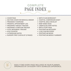 A product listing graphic showing a complete page index for a planner, with a list of included pages and categories on a light beige background. The text reads 'COMPLETE PAGE INDEX' and details such as cover page, section cover for medical binder, prenatal appointment log, birth plan worksheet, hospital comparison sheet, baby name ideas, labor & delivery notes, birth story page, postpartum recovery, C-section recovery, postpartum weekly summary, plus a note about finding every page included.