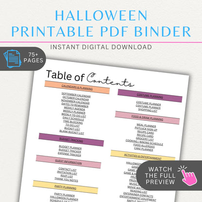 Halloween Planner Printable Template Bundle with 75+ pages, including party planners, costume trackers, and decoration organizers