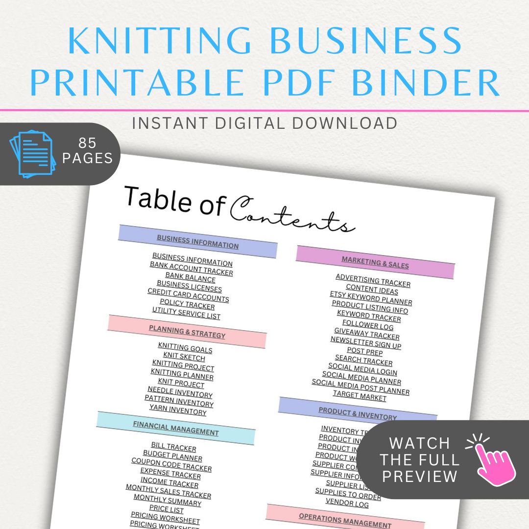 Knitting Business Planner Printable Template Bundle with 85+ pages, including inventory trackers, order logs, and marketing planners