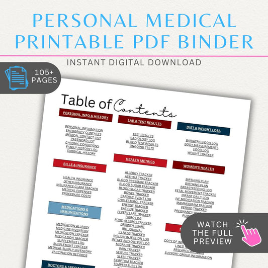 Personal Medical Printable PDF Binder with 105+ pages, including appointment logs, medication trackers, health history, and doctor visit records