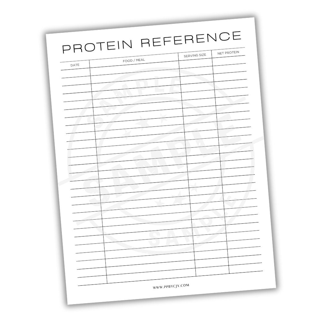 Protein reference sheet with columns for date, food name, serving size, and net protein on a white background.