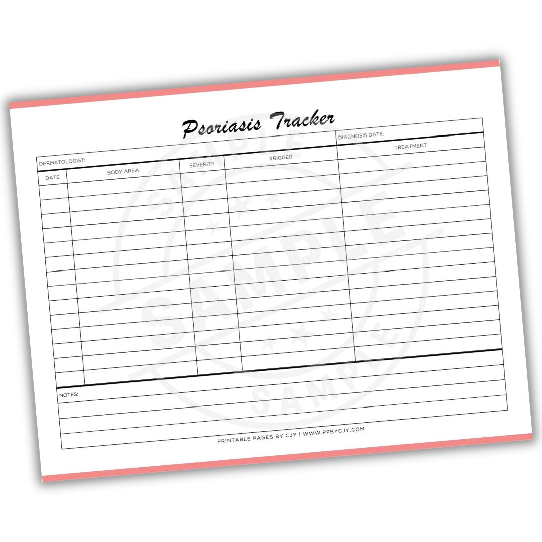 Psoriasis tracker sheet with columns for date, body area, severity, trigger, current date, treatment, and notes on a white background.